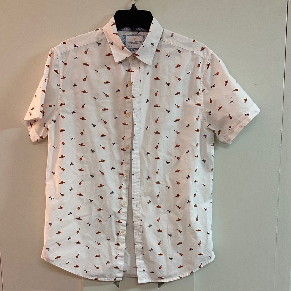Denim & Flower White Short Sleeve Shirt with Red Pattern